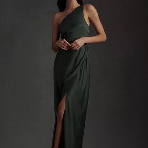 BHLDN Dylan One-Shoulder Satin Side-Slit Gown - Forest Size 2